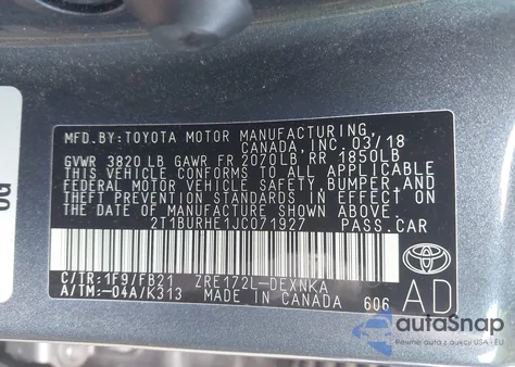 2018 Toyota Corolla Le z USA, uszkodzony, nr VIN 2T1BURHE1JC071927